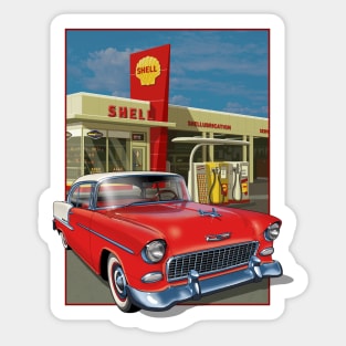 Gas station with 1955 Chevrolet. Sticker